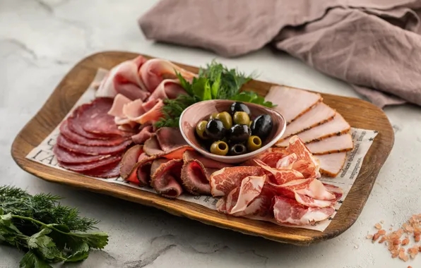 Olives, sausage, meats