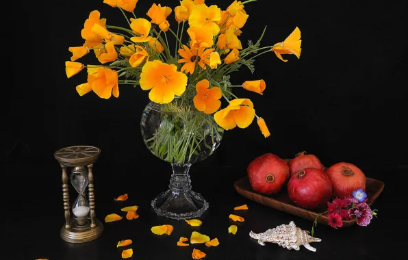 Flowers, petals, sink, vase, still life, hourglass, garnet