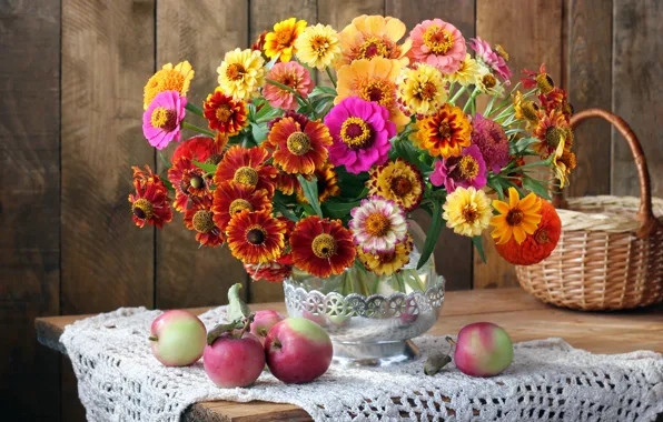 Autumn, flowers, apples, bouquet, colorful, fruit, still life, flowers