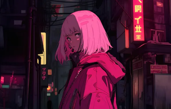 Night, city, the city, anime, girl, girl, pink hair, anime