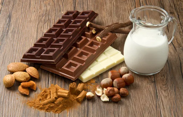 Chocolate, milk, nuts, almonds, sweet, hazelnuts