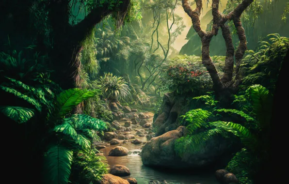 Forest, leaves, trees, landscape, flowers, branches, nature, stream
