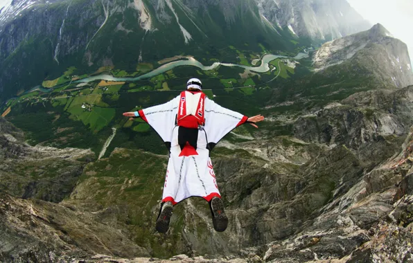 Mountains, Norway, parachute, container, helmet, pilot, river, valley