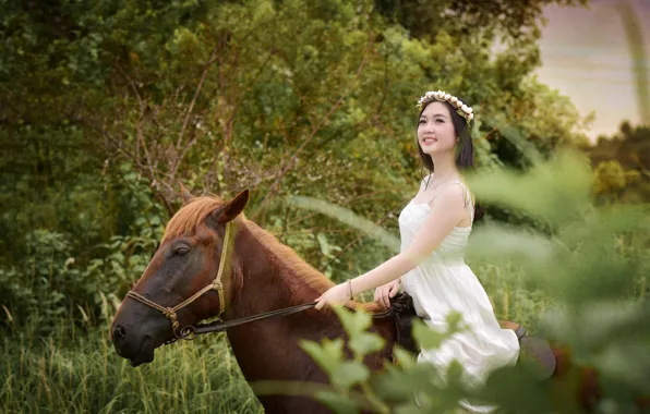 Summer, face, smile, horse, horse, dress, Asian