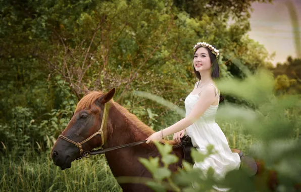 Picture summer, face, smile, horse, horse, dress, Asian