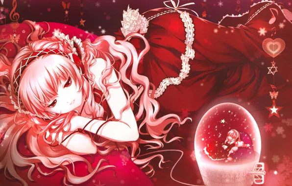 Butterfly, snowflakes, headphones, key, Girl, box, red dress, long hair