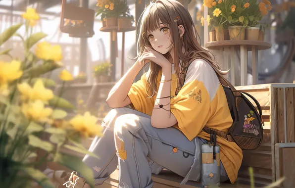 Picture girl, flowers, jeans, brunette, boots, anime girls, T-shirt, schoolgirl