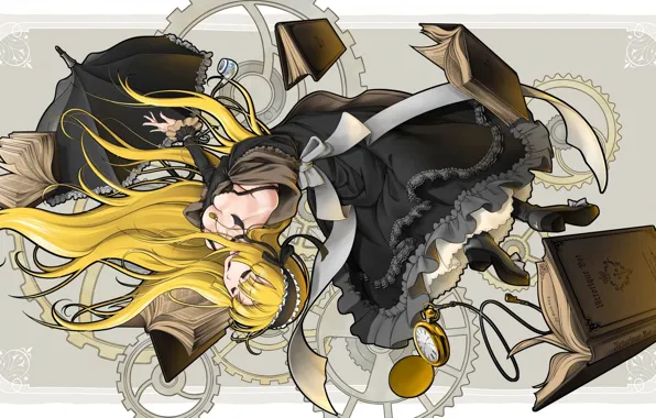 Picture watch, frame, girl, gear, book, long hair, ruffles, black dress