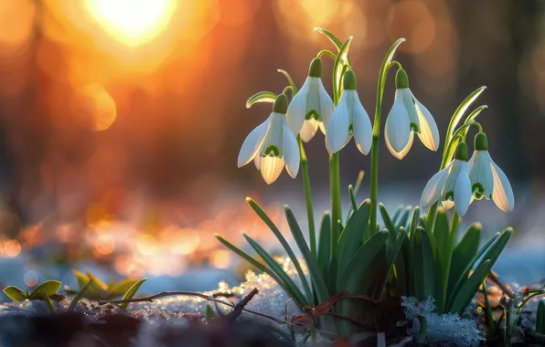 The sun, rays, light, snow, flowers, glade, spring, morning
