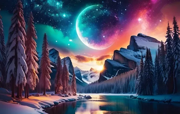 Winter, frost, forest, the sky, stars, light, snow, mountains