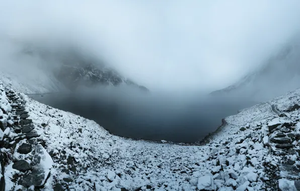 Picture winter, snow, mountains, fog, lake, stones, Iceland