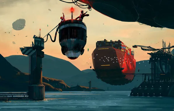 Mountains, birds, ship, facilities, Loading