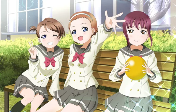 Greens, bench, girls, Shine, Windows, school, Love Live School Idol Project, Living love