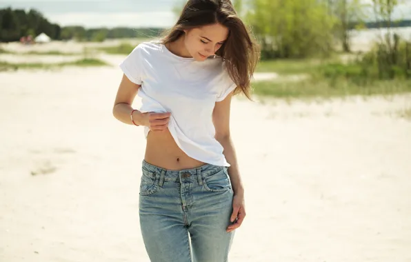 Picture summer, face, the wind, model, hair, jeans, Mike, Nastya