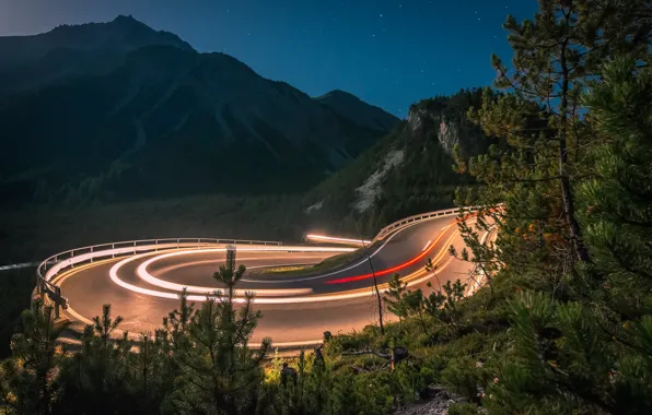 Road, mountains, night, lights