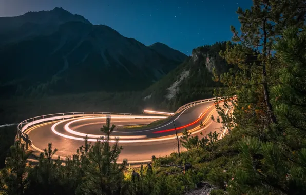 Picture road, mountains, night, lights