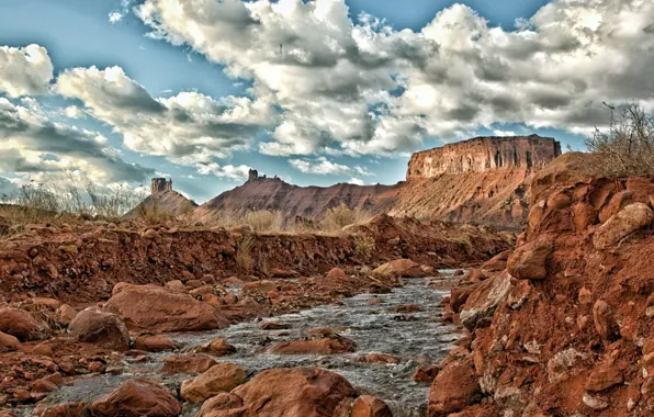 Landscape, mountains, river, stones