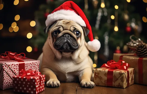 Dog, Christmas, New year, face, the Santa hat, AI art, neural network