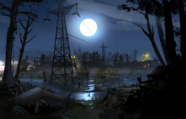 Night, pipe, the moon, swamp, soldiers, Stalker, area, Ukraine
