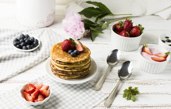 Berries, Breakfast, pancakes, breakfast, yogurt