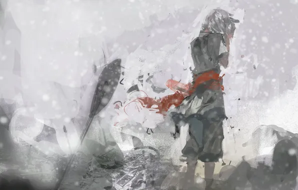 Red, ash, boy, ruins, arrows, monochrome