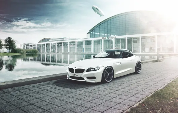 Picture lake, the building, BMW, white, dirijabli