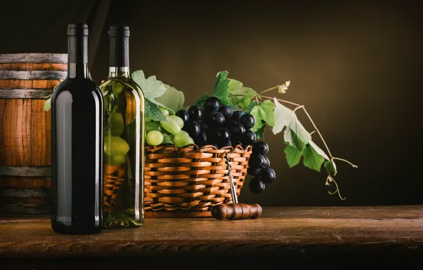 Leaves, wine, basket, grapes, bottle, twilight, corkscrew, barrel
