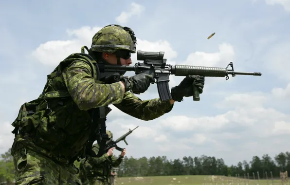 Soldier, trees, man, warrior, Canadian, pearls, assault rifle, uniform