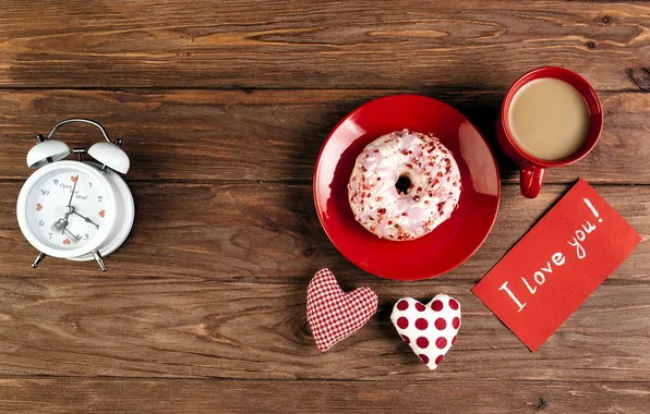 Watch, coffee, alarm clock, Cup, hearts, donut, saucer