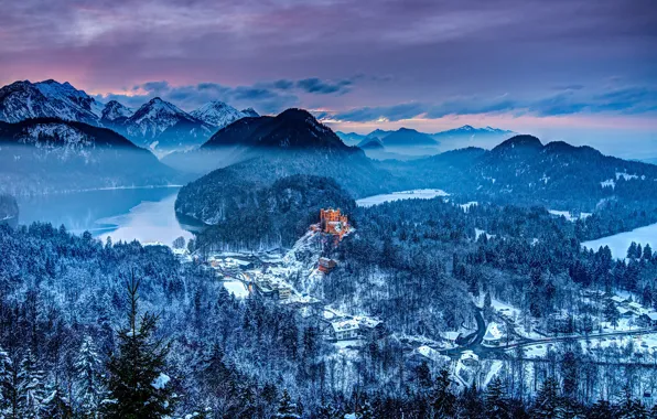 Winter, forest, snow, mountains, castle, Germany, lake, Hohenschwangau