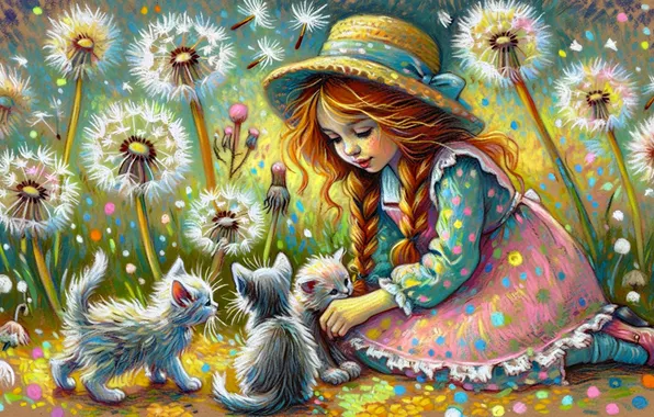 Summer, cats, flowers, glade, spring, dress, girl, kittens