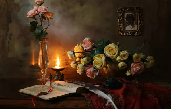 Notes, pen, violin, glass, candle, picture, still life, ink