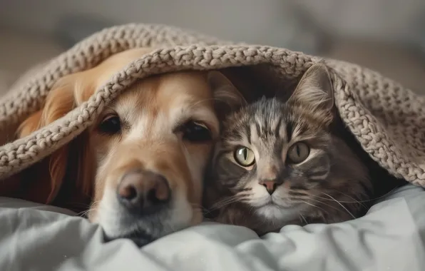 Cat, cat, look, comfort, together, dog, plaid, a couple