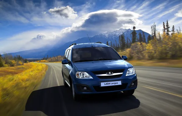 Road, forest, clouds, blue, speed, Lada Largus