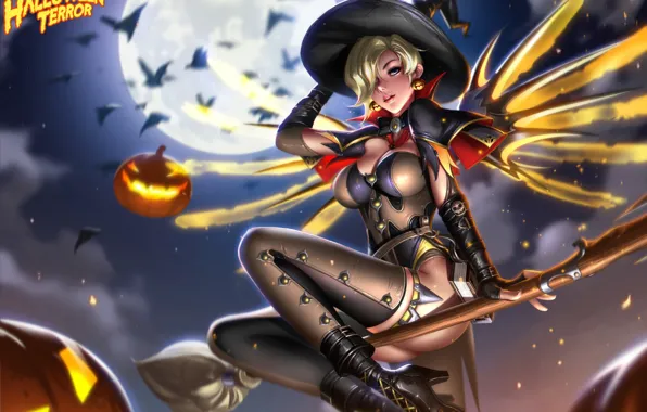 Picture ass, chest, the sky, night, the moon, hat, pumpkin, heels