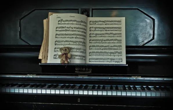 Retro, notes, music, toy, keys, black, bear, bear
