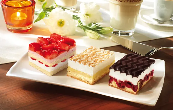 Picture flowers, cherry, coffee, food, candle, strawberry, cream, dessert