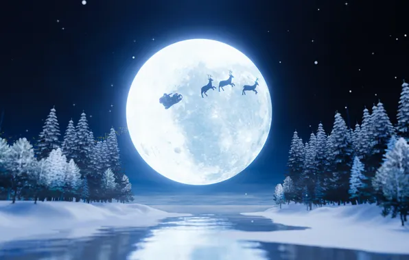 Winter, snow, flight, night, the moon, Christmas, New year, sleigh