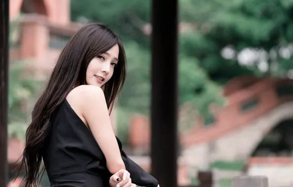 Girl, sexy, girl, Asian, beauty, in black, manicure, asian