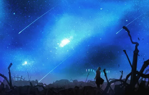 The sky, girl, stars, night, wings, art, crystals, ruins
