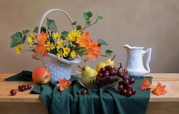 Flowers, basket, Apple, grapes, vase, pitcher, fruit, still life