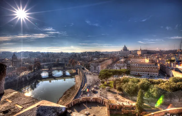 Picture the sky, the sun, rays, river, home, Rome, Italy, channel