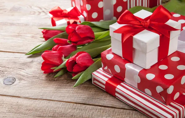 Gifts, tulips, red, ribbons, lie, on the table, boxes