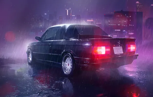 Black, Night, The city, BMW, Rain, BMW, E30, The shower