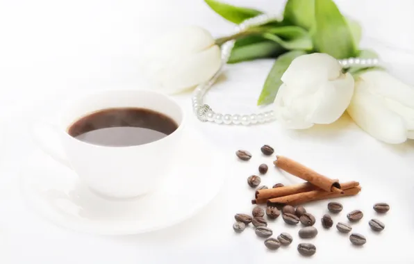 Coffee, bouquet, tulips, beads, white