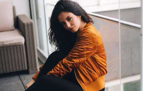 Picture pose, look, jacket, Aurela Skandaj, window, brunette, girl, sitting