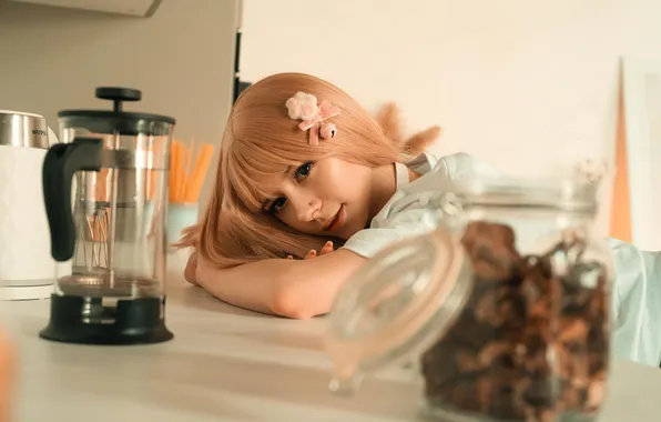 Look, girl, table, sweetheart, hair, portrait, kettle, blonde