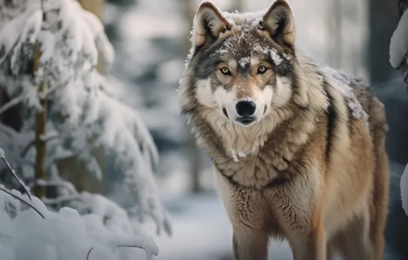 Winter, frost, forest, snow, nature, grey, wolf, AI art
