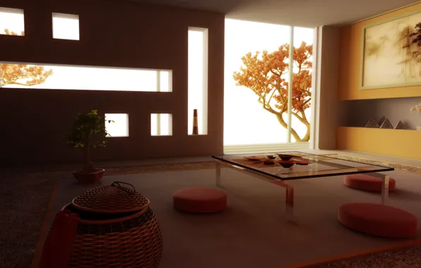 Room, tree, interior, twilight