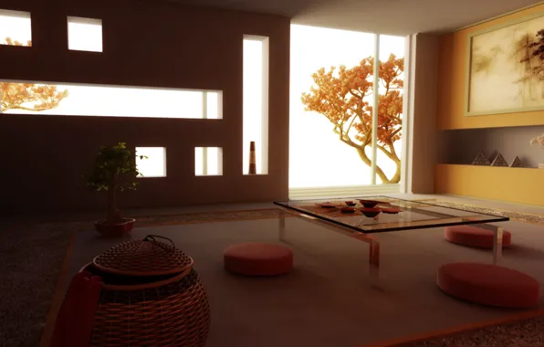 Picture room, tree, interior, twilight